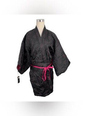 NWT Vintage Carole Little Women's Sz L Kimono Robe Wrap Quilted Satin Black Pink